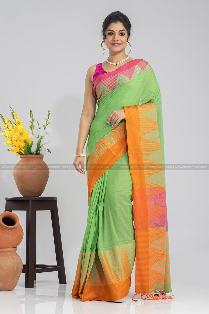 Light Green Temple Border Khadi Saree