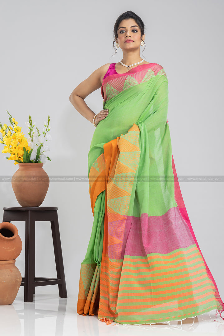 Light Green Temple Border Khadi Saree