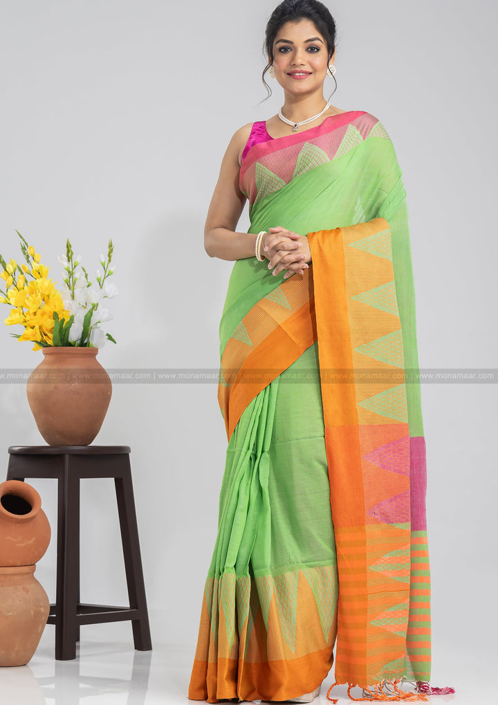 Light Green Temple Border Khadi Saree