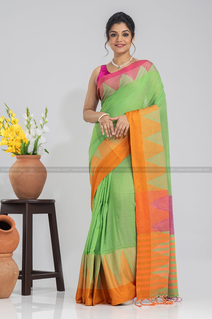 Light Green Temple Border Khadi Saree