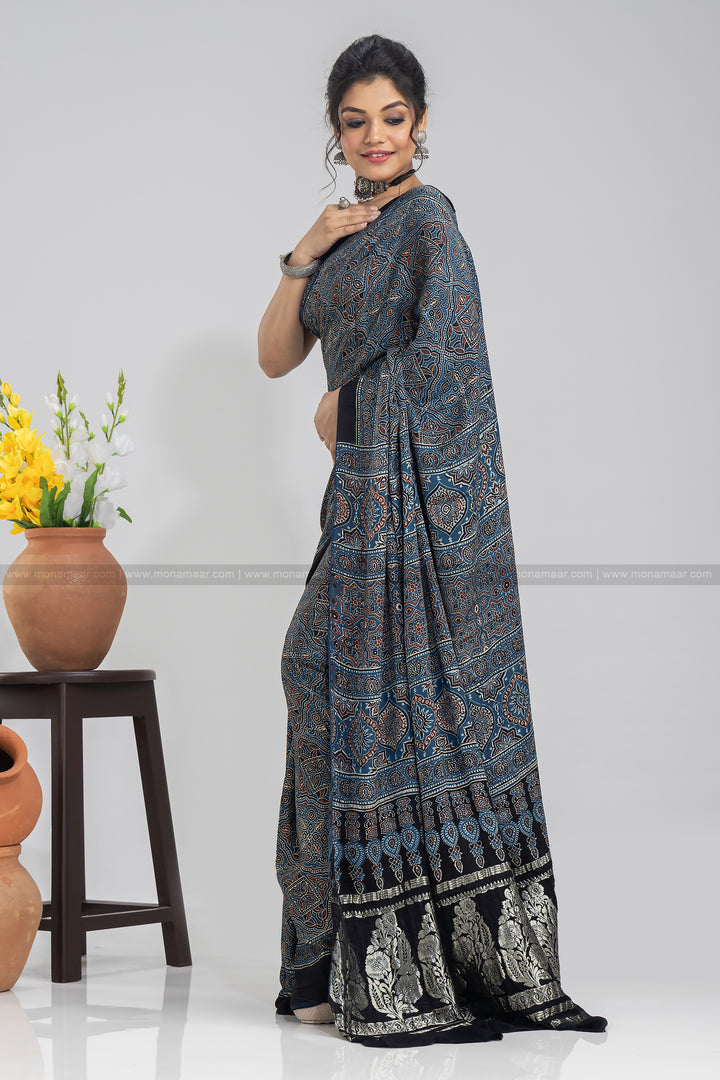 Ajrakh Block Printed Saree