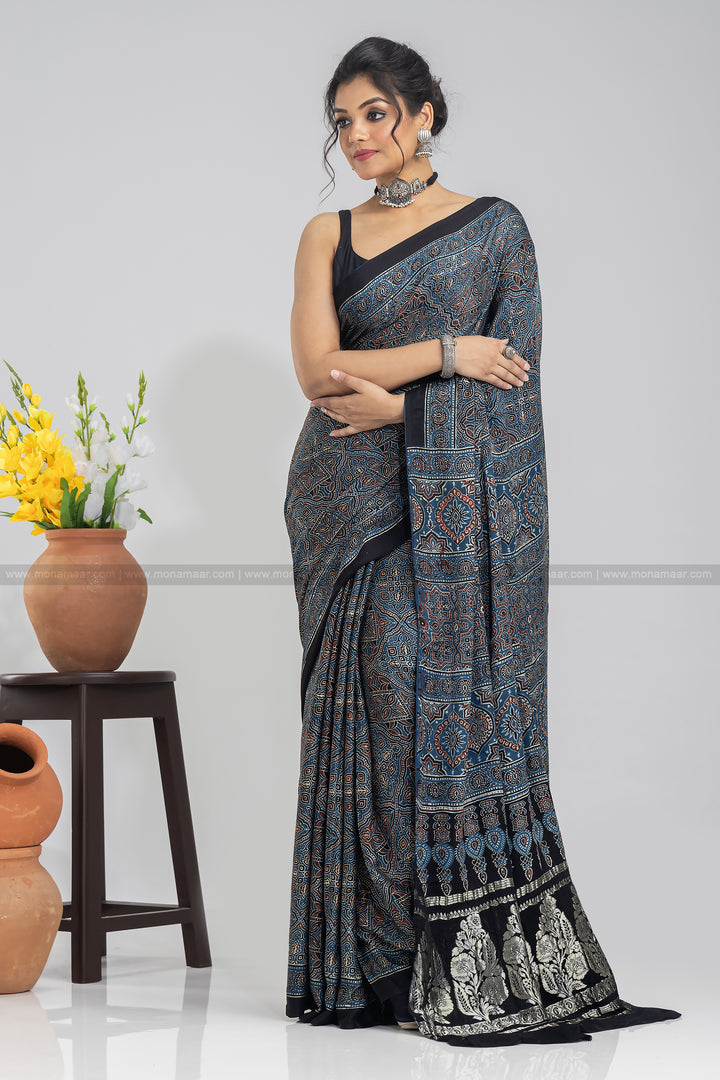 Ajrakh Block Printed Saree