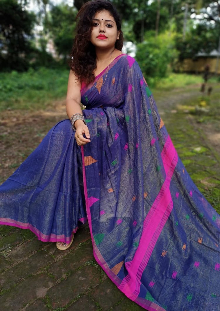 Women's Blue Linen Jacquard Weaving Saree With Blouse - Vishnu Weaves | Raw  silk saree, Blue silk saree, South silk sarees