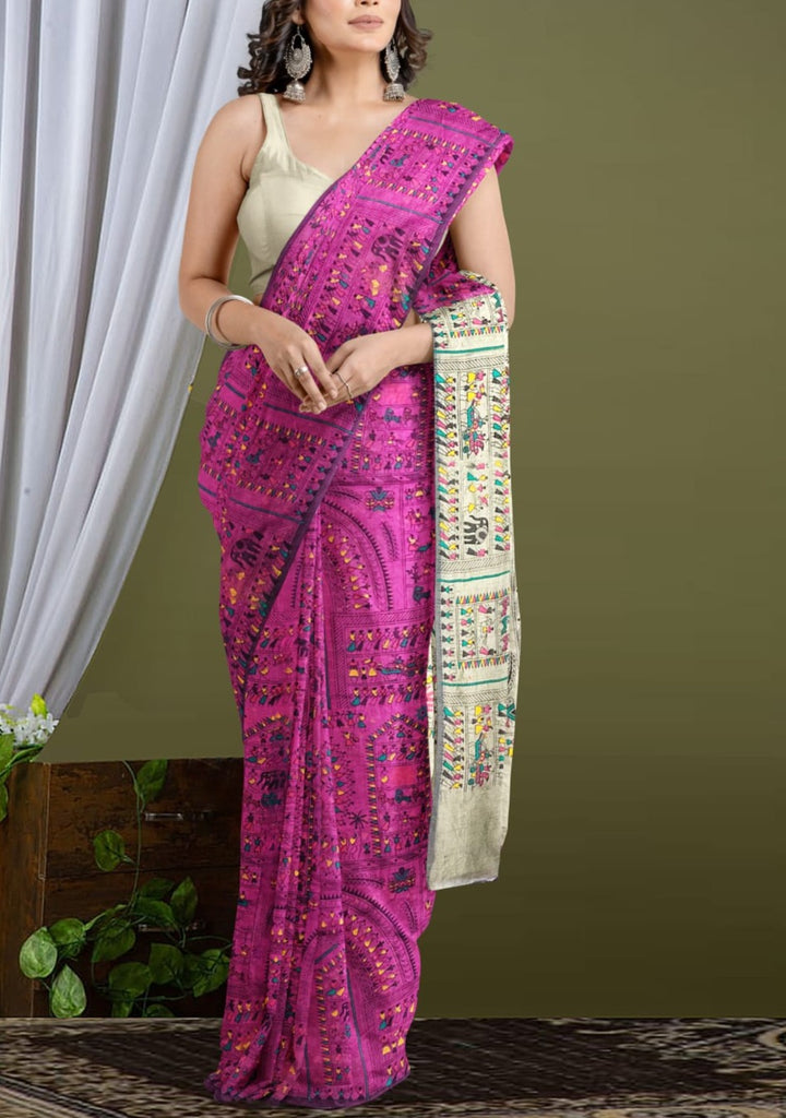 Delicate Touch Of Madhubani Cotton Silk Saree