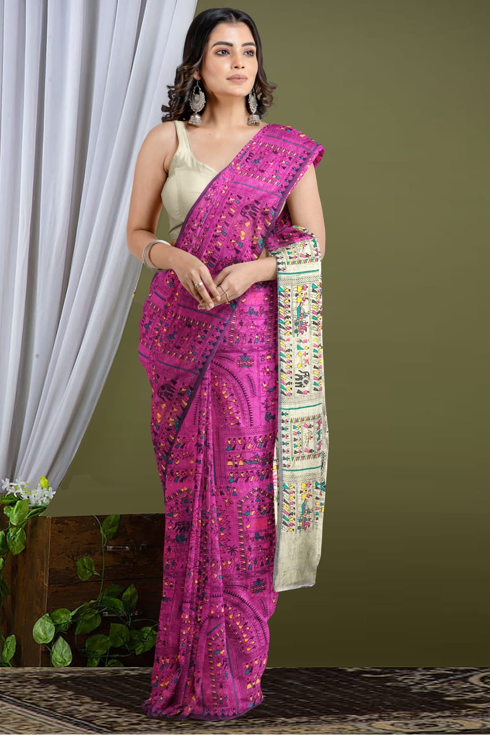 Delicate Touch Of Madhubani Cotton Silk Saree