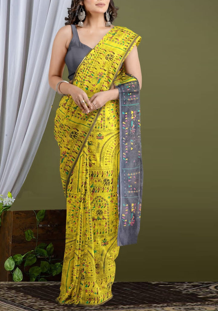 Delicate Touch Of Madhubani Cotton Silk Saree