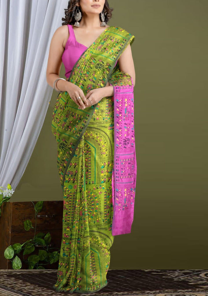 Delicate Touch Of Madhubani Cotton Silk Saree