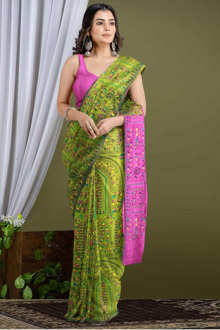 Delicate Touch Of Madhubani Cotton Silk Saree