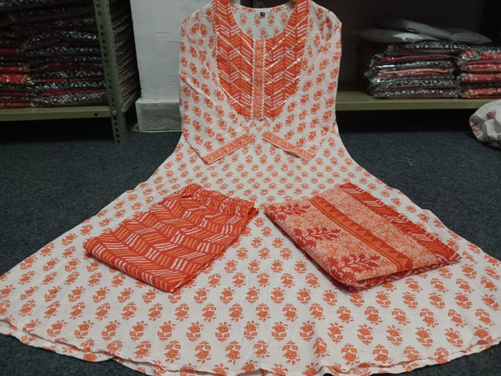 Orange White New Jaipuri Kurti Set