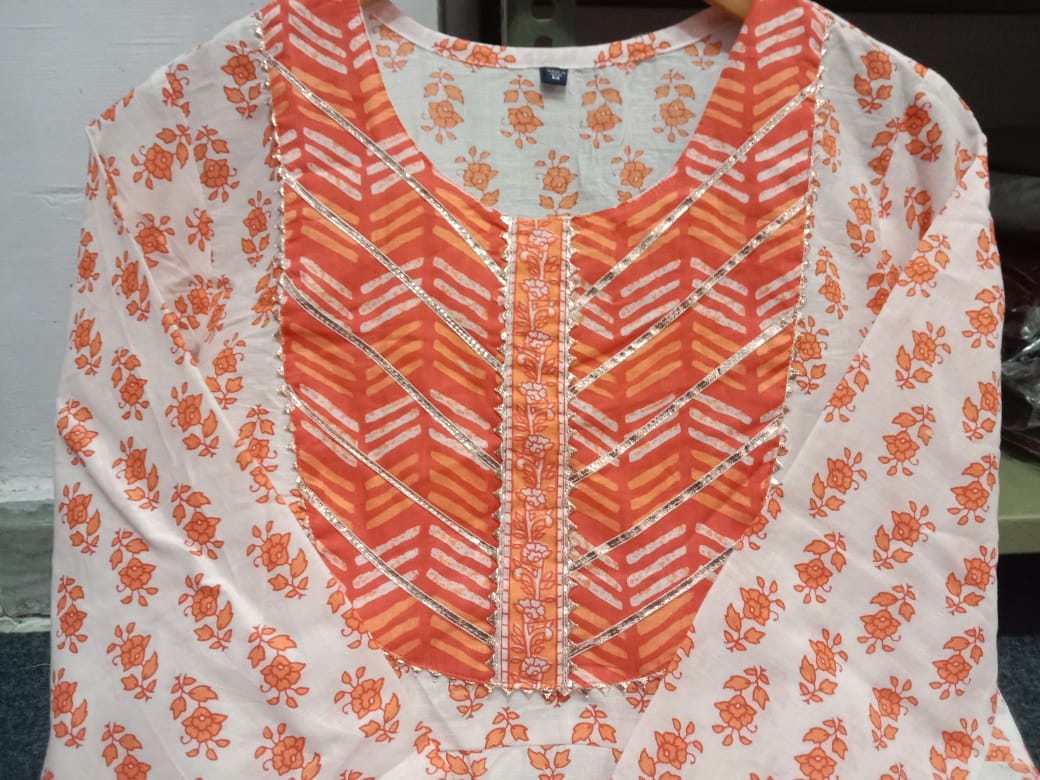 Orange White New Jaipuri Kurti Set