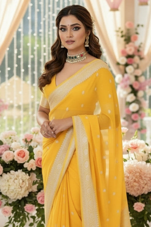 Legacy Of Khaddi Chiffon Pure Banarasi Saree(Yellow)