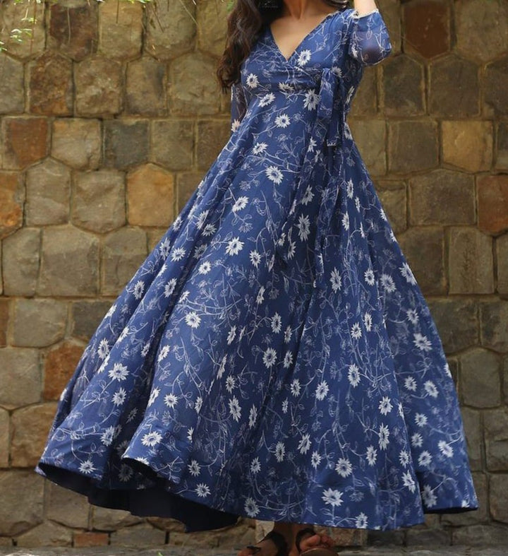 Blue Floral Jaipuri Gown