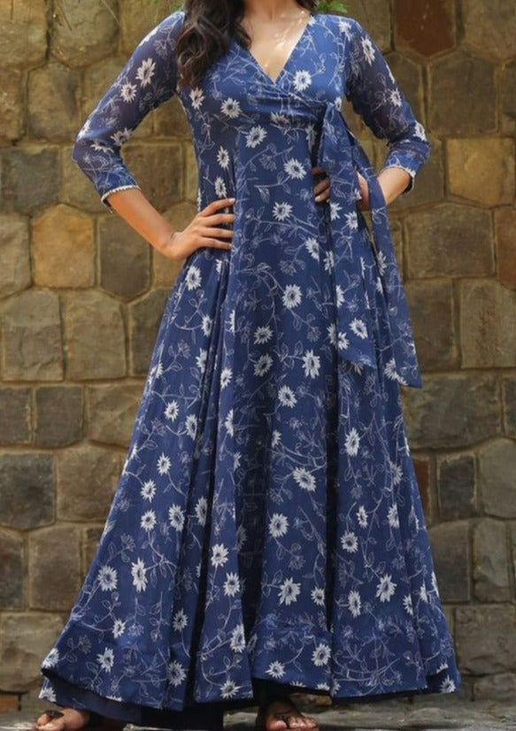 Blue Floral Jaipuri Gown