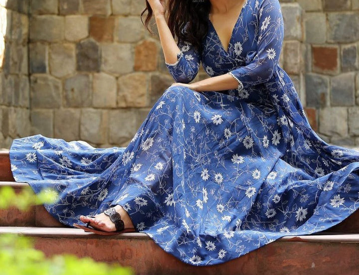 Blue Floral Jaipuri Gown