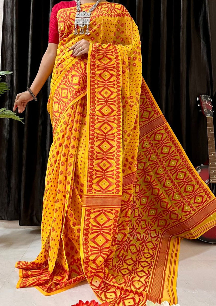 Orange and white combo Dhakai Jamdani Saree, 5.5 m (separate blouse piece)  at Rs 2170 in Kolkata