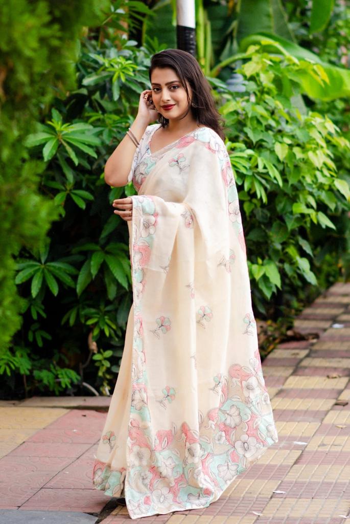 Brown Handwoven linen saree with silver border and Kalamkari applique