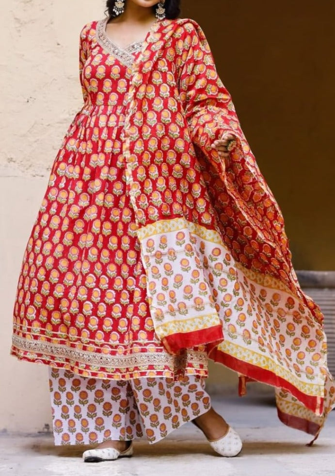 Red Floral Jaipur Kurta Pant Dupatta Set