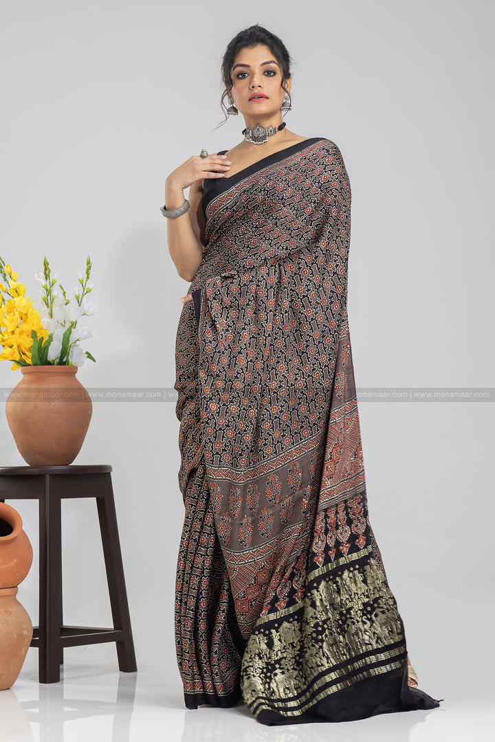 Ajrakh Block Printed Saree