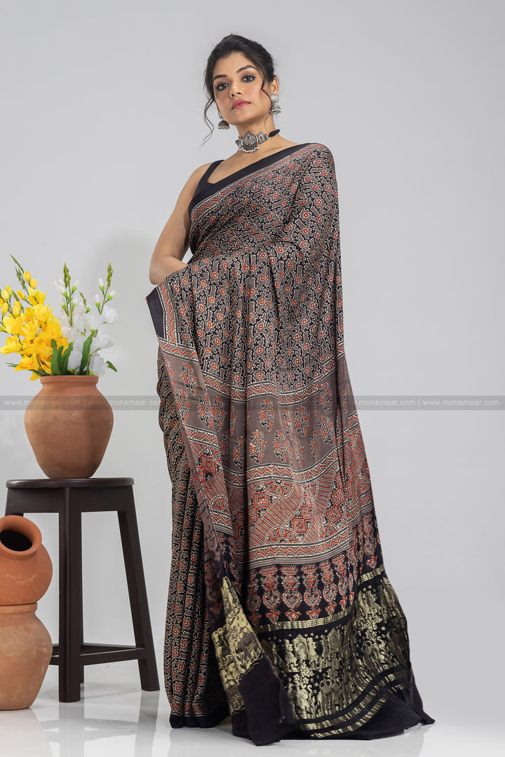 Ajrakh Block Printed Saree