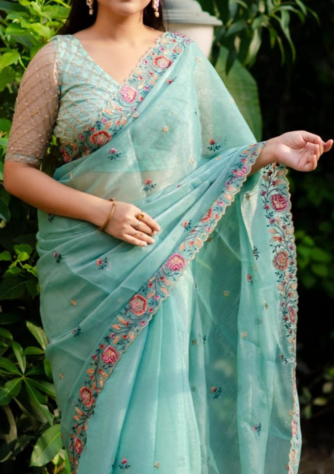 Dusty Blue Organza Saree