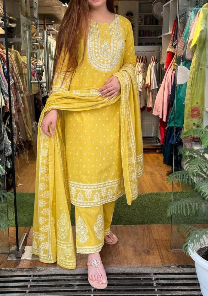 Yellow Embroidered Kurti Pant Dupatta Set