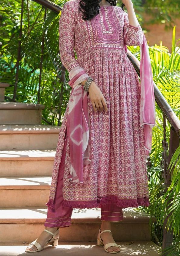 Cotton Candy White and Pink Printed Rayon Kurti with Dupatta and Pant Set |  Bhadar