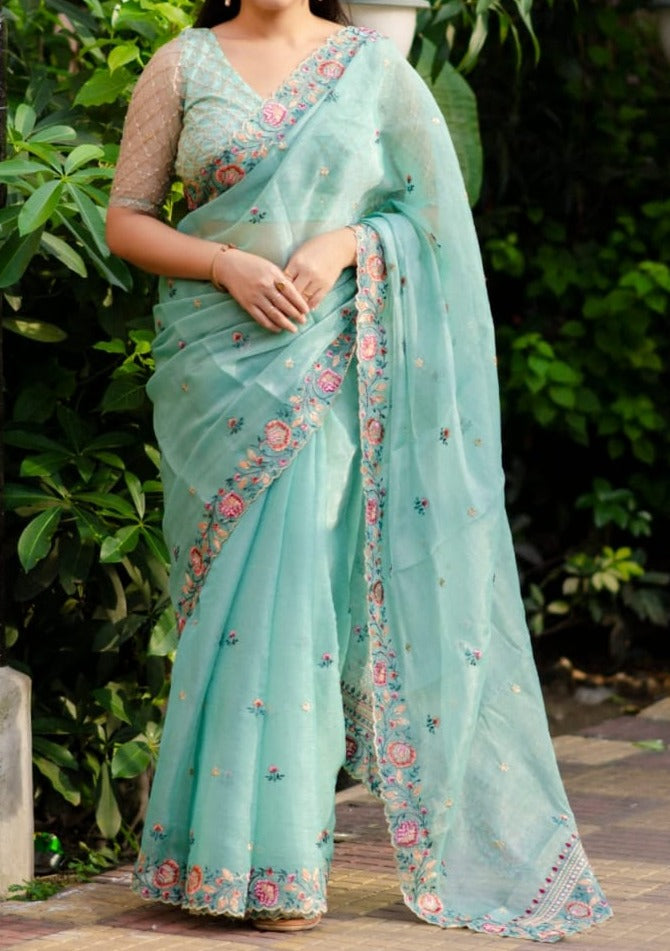 Dusty Blue Organza Saree