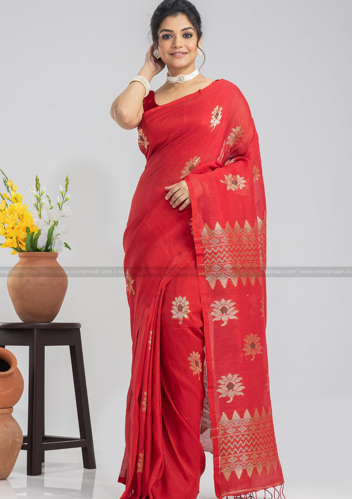 Red Linen Banarasi Saree