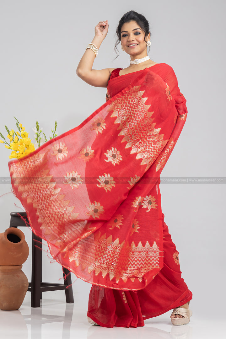 Red Linen Banarasi Saree