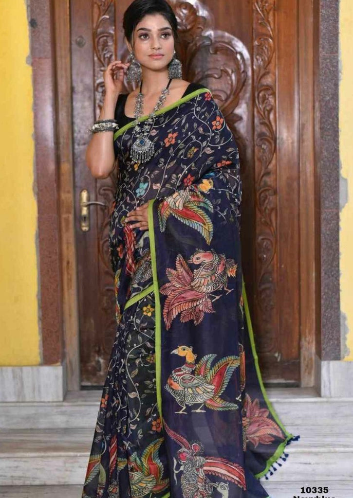 This Chanderi Kalamkari saree is a unique masterpiece with a silk cotton  blend. It features an unusual white body and a dark olive Pallu… | Instagram