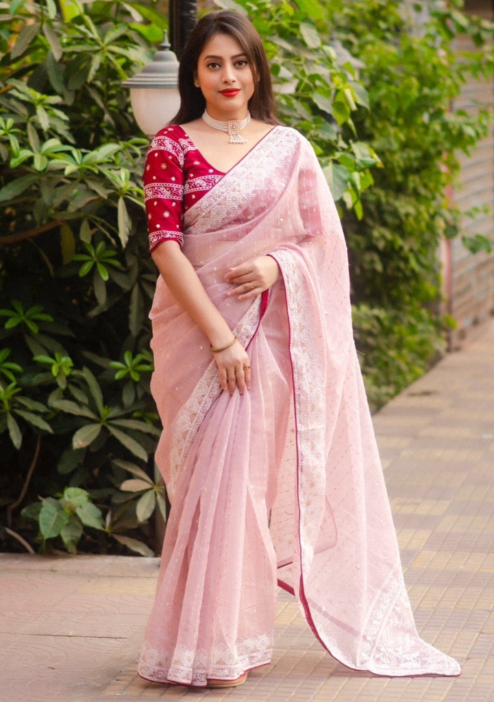 Printed Organza Saree in Pink : SKGA1766